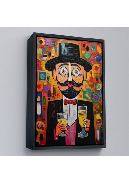 Çerçeveli Dekoratif Kanvas Tablo, Içki Sunan Bıyıklı Adam TABLOSU-8003