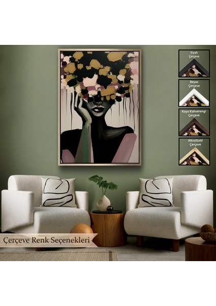 Çerçeveli Dekoratif Kanvas Tablo, Çiçek Başlı Soyut Kadın TABLOSU-7833