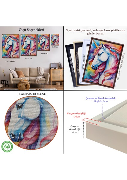 Çerçeveli Dekoratif Kanvas Tablo, Sevimli Renkli Unicorn TABLOSU-7919 indirimleri