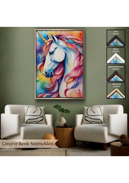 Çerçeveli Dekoratif Kanvas Tablo, Sevimli Renkli Unicorn TABLOSU-7919