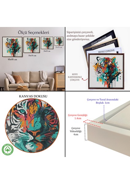 Çerçeveli Dekoratif Kanvas Tablo, Renkli Kaplan TABLOSU-8330 indirimleri