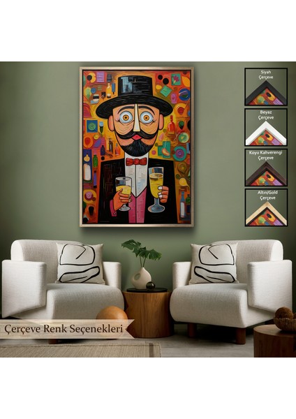 Çerçeveli Dekoratif Kanvas Tablo, Içki Sunan Bıyıklı Adam TABLOSU-8003