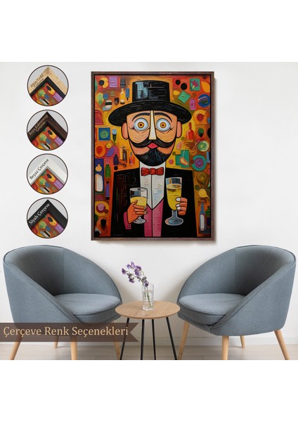 Çerçeveli Dekoratif Kanvas Tablo, Içki Sunan Bıyıklı Adam TABLOSU-8003