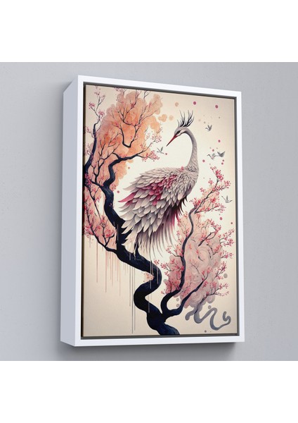 Çerçeveli Dekoratif Kanvas Tablo, Sakura Ağacındaki Güzel Turna TABLOSU-7911