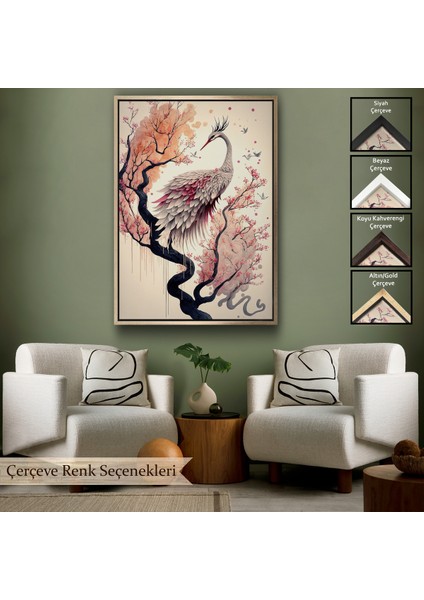 Çerçeveli Dekoratif Kanvas Tablo, Sakura Ağacındaki Güzel Turna TABLOSU-7911