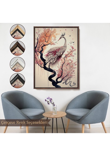 Çerçeveli Dekoratif Kanvas Tablo, Sakura Ağacındaki Güzel Turna TABLOSU-7911