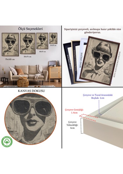 Çerçeveli Dekoratif Kanvas Tablo, Kara Kalem Çalışması Görünümlü Cool Kadın TABLOSU-8067 indirimleri