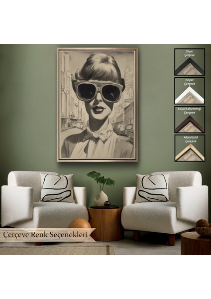 Çerçeveli Dekoratif Kanvas Tablo, Kara Kalem Çalışması Görünümlü Cool Kadın TABLOSU-8067