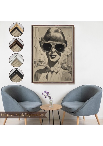 Çerçeveli Dekoratif Kanvas Tablo, Kara Kalem Çalışması Görünümlü Cool Kadın TABLOSU-8067