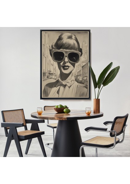 Çerçeveli Dekoratif Kanvas Tablo, Kara Kalem Çalışması Görünümlü Cool Kadın TABLOSU-8067