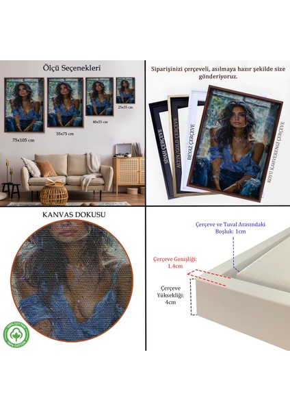 Çerçeveli Dekoratif Kanvas Tablo, Yağlı Boya Görünümlu Güzel Kadın TABLOSU-7864 indirimleri