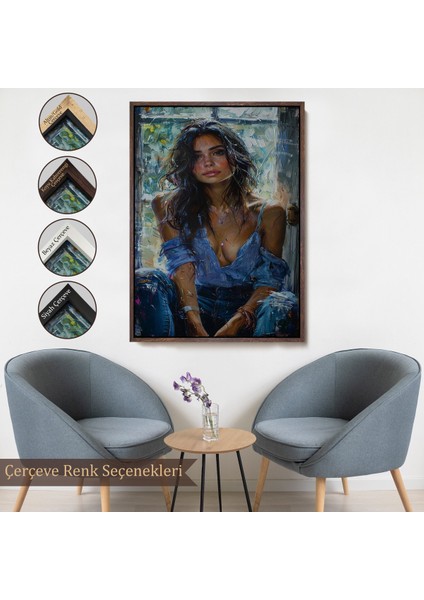 Çerçeveli Dekoratif Kanvas Tablo, Yağlı Boya Görünümlu Güzel Kadın TABLOSU-7864