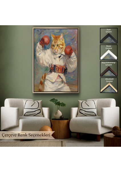 Çerçeveli Dekoratif Kanvas Tablo, Boks Eldivenli Sevimli Kedi TABLOSU-7997