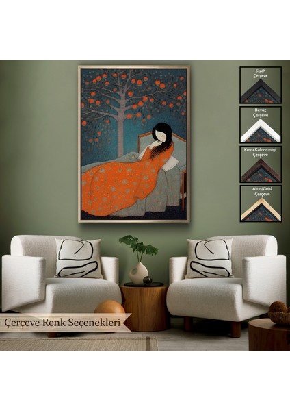 Çerçeveli Dekoratif Kanvas Tablo, Yatakta Uyuyan Asyalı Kadın TABLOSU-8007