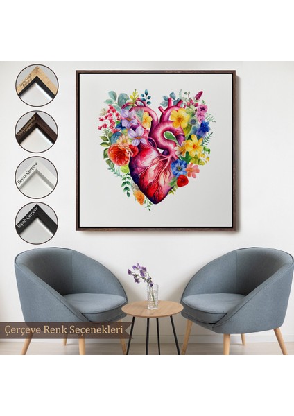 Çerçeveli Dekoratif Kanvas Tablo, Çiçeklerle Çevrili Kalp Tablosu - Doktor HEDIYESI-8325