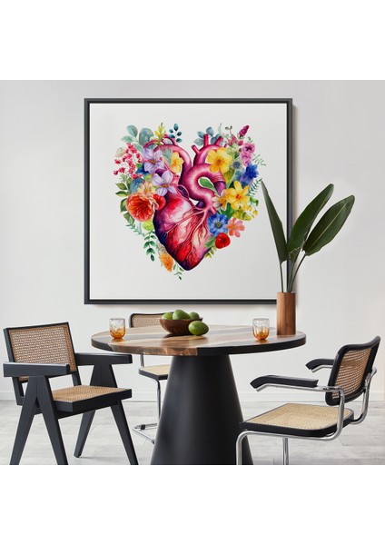 Çerçeveli Dekoratif Kanvas Tablo, Çiçeklerle Çevrili Kalp Tablosu - Doktor HEDIYESI-8325