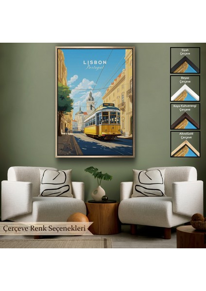 Çerçeveli Dekoratif Kanvas Tablo, Portekiz Lizbon Sarı Tramvay TABLOSU-7972