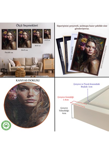 Çerçeveli Dekoratif Kanvas Tablo, Yağlıboya Görünümlü Güzel Kadın TABLOSU-8013 indirimleri