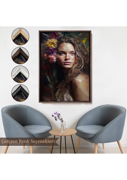 Çerçeveli Dekoratif Kanvas Tablo, Yağlıboya Görünümlü Güzel Kadın TABLOSU-8013
