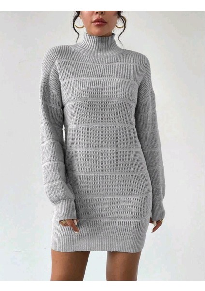 Yarım Balıkçı Yaka Selanik Örgü Kadın Mini Triko Elbise