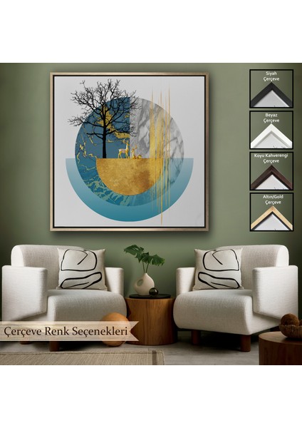 Çerçeveli Dekoratif Kanvas Tablo, Soyut Geometri Ağaç ve Geyik TABLOSU-8309