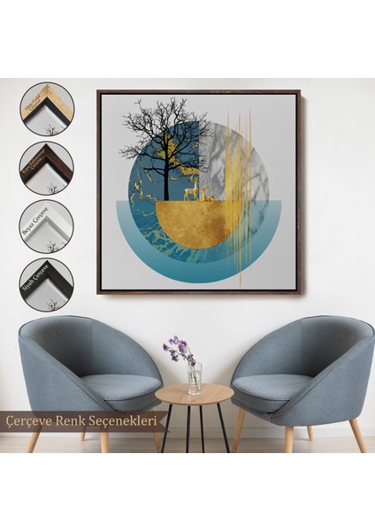 Çerçeveli Dekoratif Kanvas Tablo, Soyut Geometri Ağaç ve Geyik TABLOSU-8309
