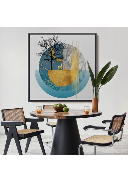 Çerçeveli Dekoratif Kanvas Tablo, Soyut Geometri Ağaç ve Geyik TABLOSU-8309