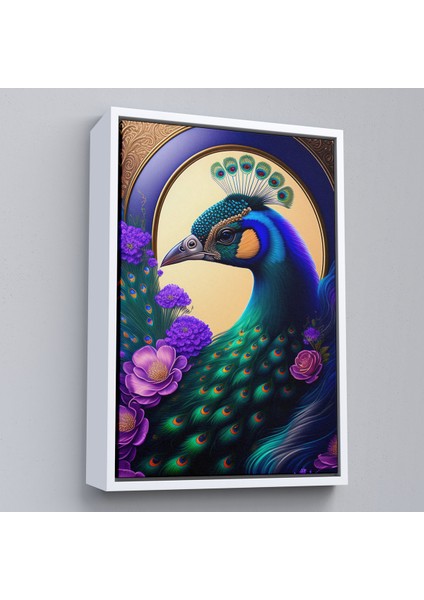 Çerçeveli Dekoratif Kanvas Tablo, Mor Çiçekler Ortasında Tavus Kuşu TABLOSU-8010