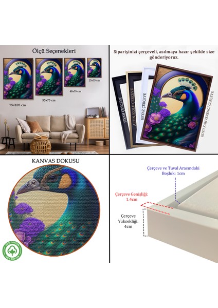 Çerçeveli Dekoratif Kanvas Tablo, Mor Çiçekler Ortasında Tavus Kuşu TABLOSU-8010 indirimleri