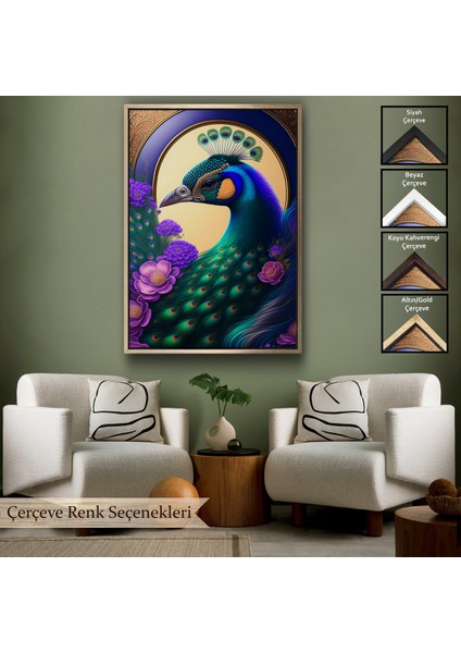 Çerçeveli Dekoratif Kanvas Tablo, Mor Çiçekler Ortasında Tavus Kuşu TABLOSU-8010