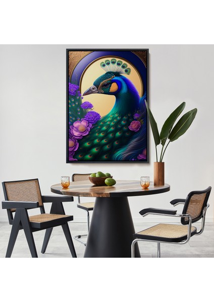 Çerçeveli Dekoratif Kanvas Tablo, Mor Çiçekler Ortasında Tavus Kuşu TABLOSU-8010
