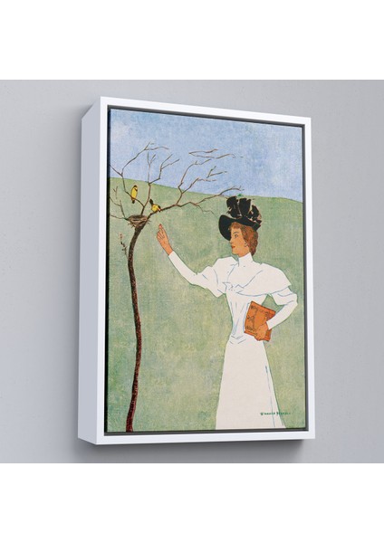 Çerçeveli Dekoratif Kanvas Tablo, Edward Penfield - Kuşlara Uzanan Kadın TABLO-8045