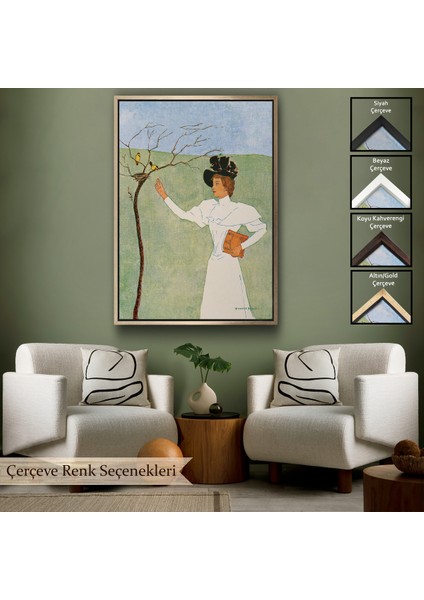 Çerçeveli Dekoratif Kanvas Tablo, Edward Penfield - Kuşlara Uzanan Kadın TABLO-8045