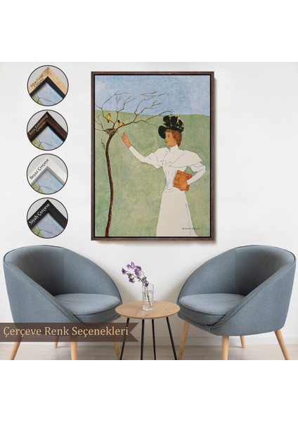 Çerçeveli Dekoratif Kanvas Tablo, Edward Penfield - Kuşlara Uzanan Kadın TABLO-8045