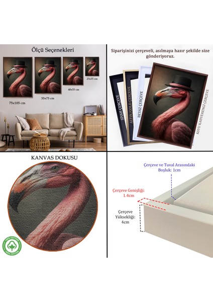 Çerçeveli Dekoratif Kanvas Tablo, Şapkalı Pembe Filamingo TABLOSU-7930 indirimleri