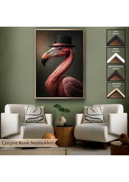 Çerçeveli Dekoratif Kanvas Tablo, Şapkalı Pembe Filamingo TABLOSU-7930