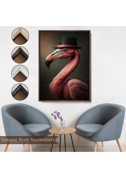 Çerçeveli Dekoratif Kanvas Tablo, Şapkalı Pembe Filamingo TABLOSU-7930