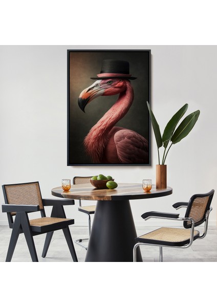 Çerçeveli Dekoratif Kanvas Tablo, Şapkalı Pembe Filamingo TABLOSU-7930