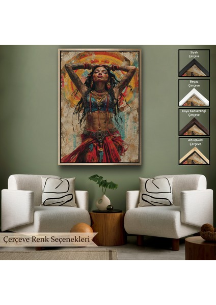 Çerçeveli Dekoratif Kanvas Tablo, Sürreal Dövmeli Hippi Kadın TABLO-7711