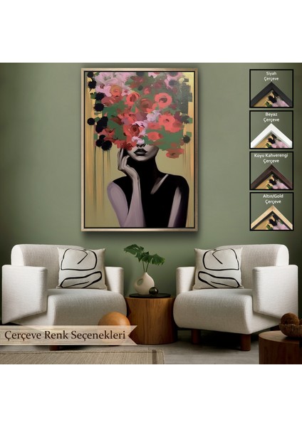 Çerçeveli Dekoratif Kanvas Tablo, Çiçek Başlı Soyut Kadın TABLOSU-7830