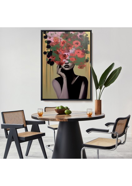 Çerçeveli Dekoratif Kanvas Tablo, Çiçek Başlı Soyut Kadın TABLOSU-7830