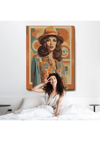Çerçeveli Dekoratif Kanvas Tablo, Şapkalı Güzel Retro Kadın TABLOSU-8070