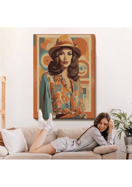 Çerçeveli Dekoratif Kanvas Tablo, Şapkalı Güzel Retro Kadın TABLOSU-8070