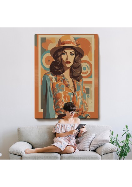 Çerçeveli Dekoratif Kanvas Tablo, Şapkalı Güzel Retro Kadın TABLOSU-8070