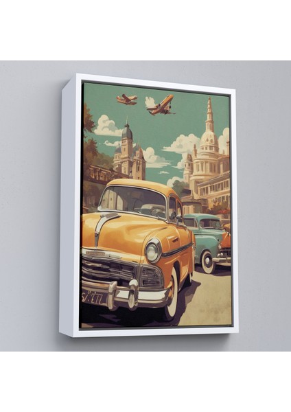Çerçeveli Dekoratif Kanvas Tablo, Sarı Klasik Araba TABLOSU-8066