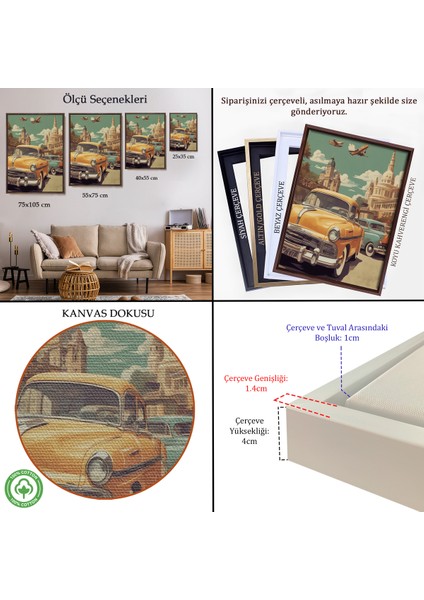 Çerçeveli Dekoratif Kanvas Tablo, Sarı Klasik Araba TABLOSU-8066 indirimleri