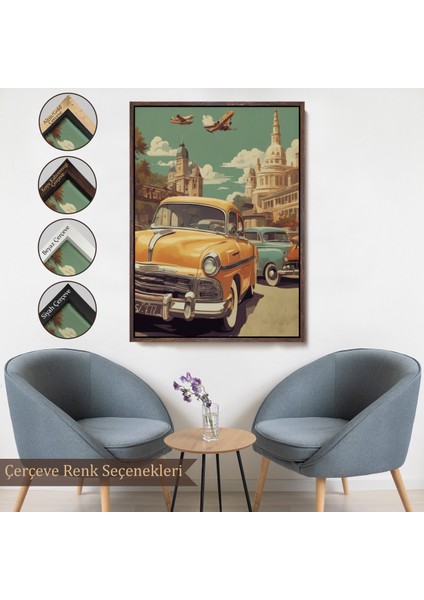 Çerçeveli Dekoratif Kanvas Tablo, Sarı Klasik Araba TABLOSU-8066