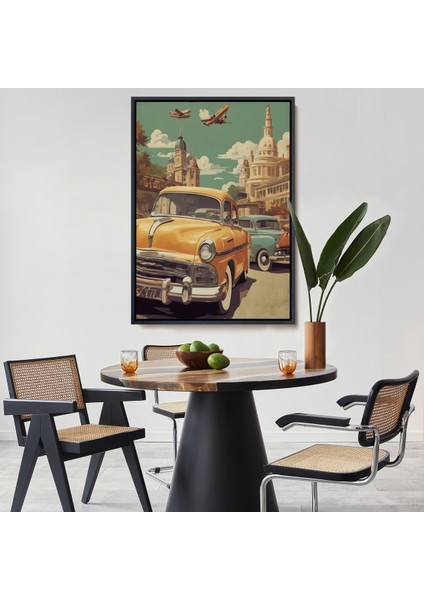 Çerçeveli Dekoratif Kanvas Tablo, Sarı Klasik Araba TABLOSU-8066