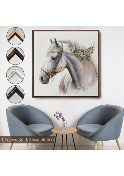 Çerçeveli Dekoratif Kanvas Tablo, Beyaz At TABLOSU-8363