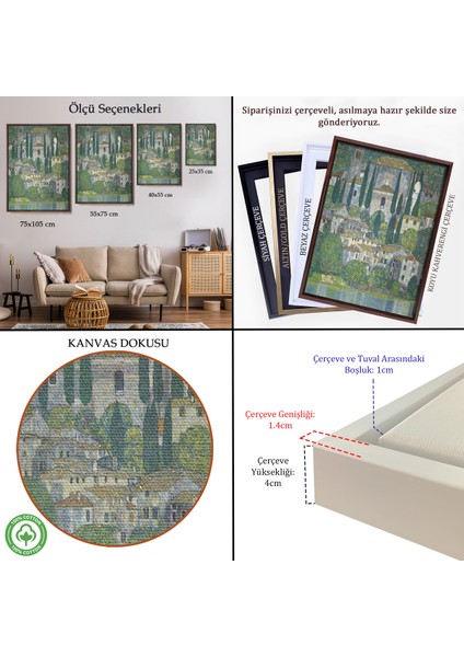 Çerçeveli Dekoratif Kanvas Tablo, Gustav Klimt - Cassonedeki Kilise Selvili Manzara TABLOSU-8095 indirimleri